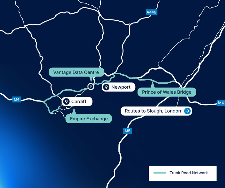 Focused map showing the trunk road network highlighted in a mint colour.