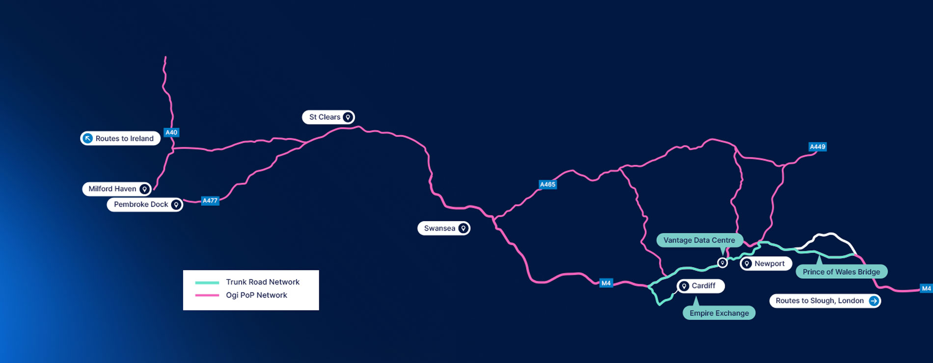 Illustrative map of Ogi's network in south Wales. A teal line highlights the Trunk Road Network with a pink line highlighting the Point-to-Point network